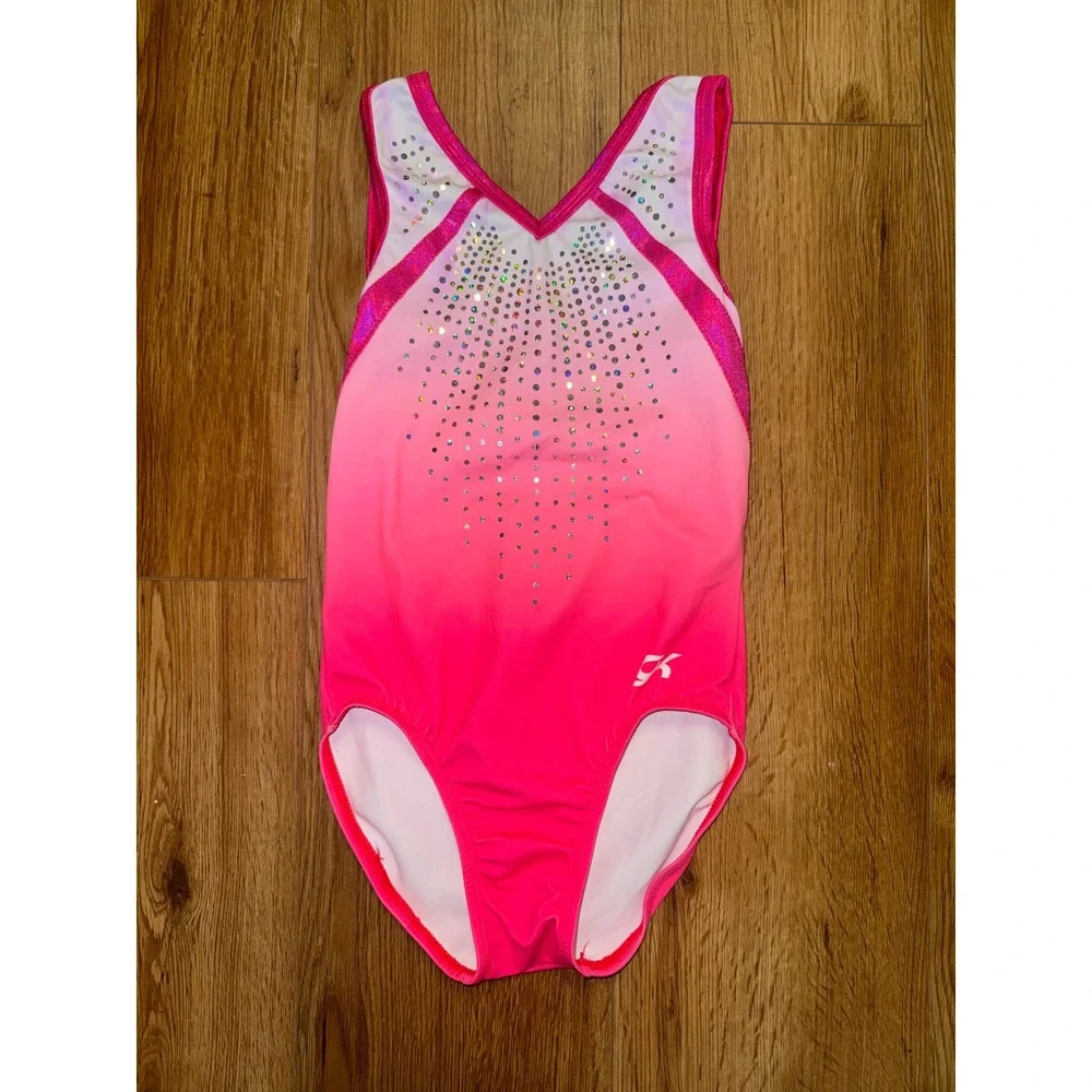 GK Elite Girls Gymnastics Leotard Pink White Ombre Rhinestone Sparkle Size CM